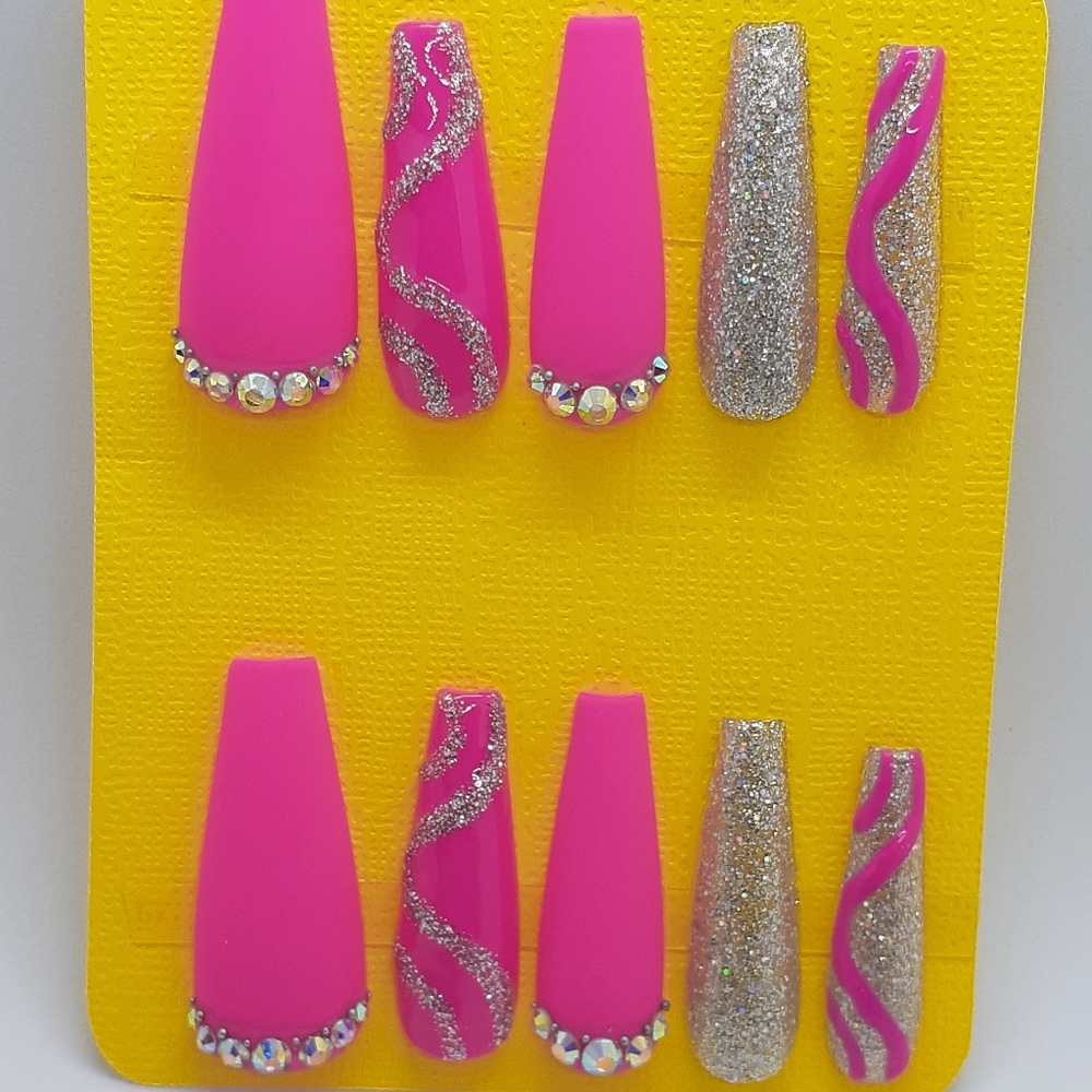 Pink and Silver Swirl Press on Nails